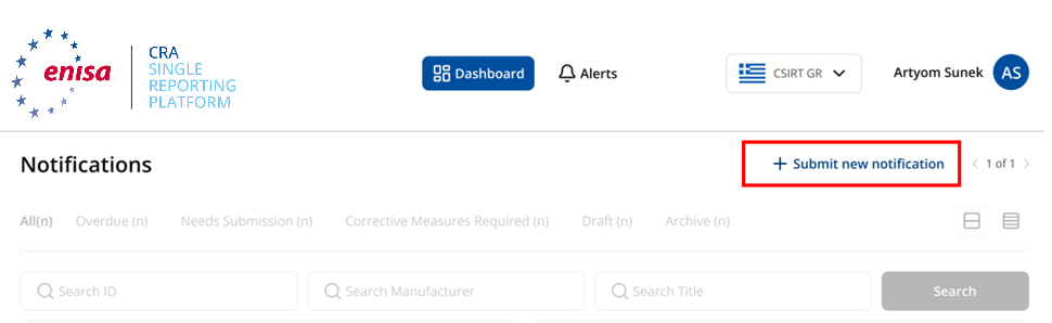 Dashboard with the Submit new notification button highlighted