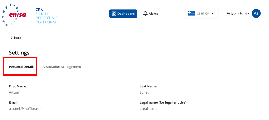 Settings, Personal Details tab showing First Name, Last Name, Email and Legal name