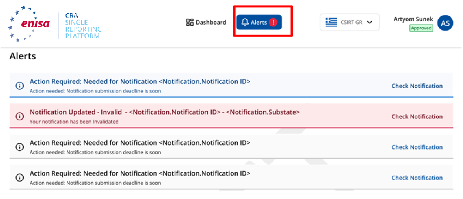 Alerts tab listing action-required and notification-updated messages