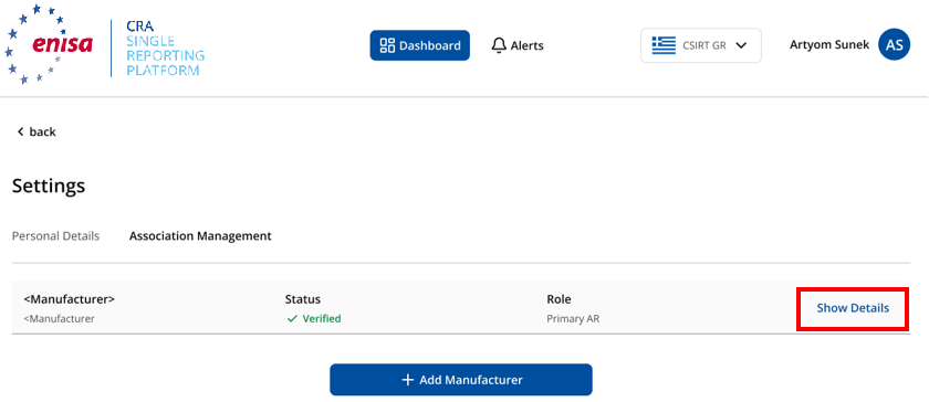 Association Management with Show Details next to a verified manufacturer