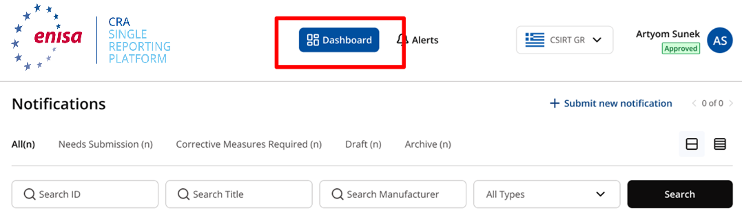 Dashboard listing notifications with tabs for All, Needs Submission, Corrective Measures Required, Draft and Archive
