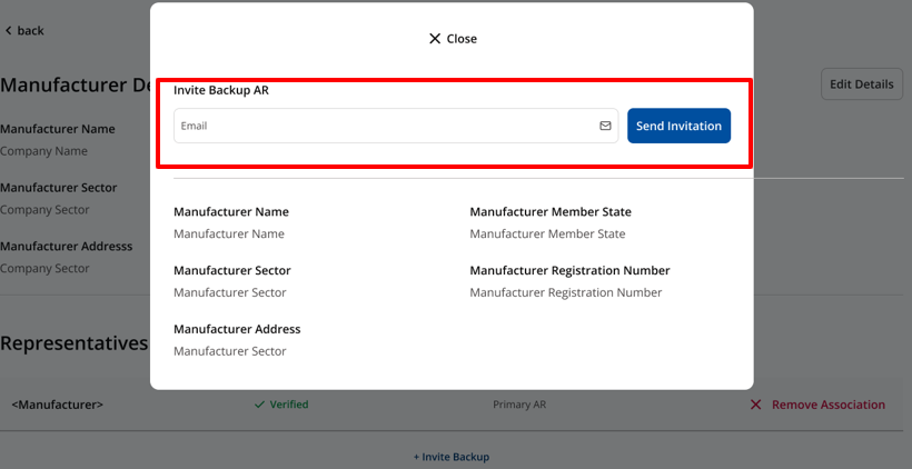 Settings dialog for entering a Secondary AR email address and sending the invitation