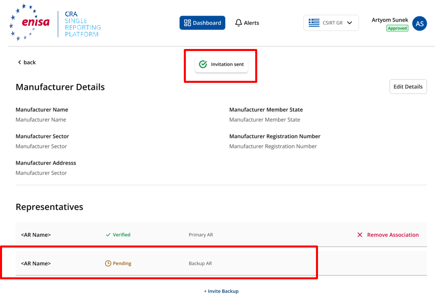 Confirmation that the invitation has been sent, with the new representative listed as Pending