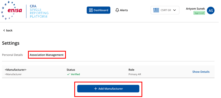 Association Management tab in Settings with the Add Manufacturer button