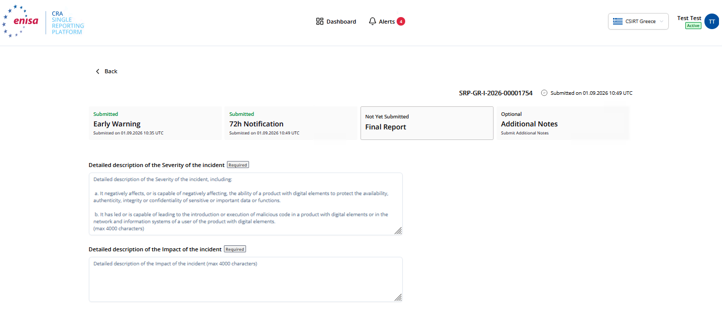 The Final Report tab of a severe-incident notification, with Detailed description of the Severity and of the Impact both marked Required