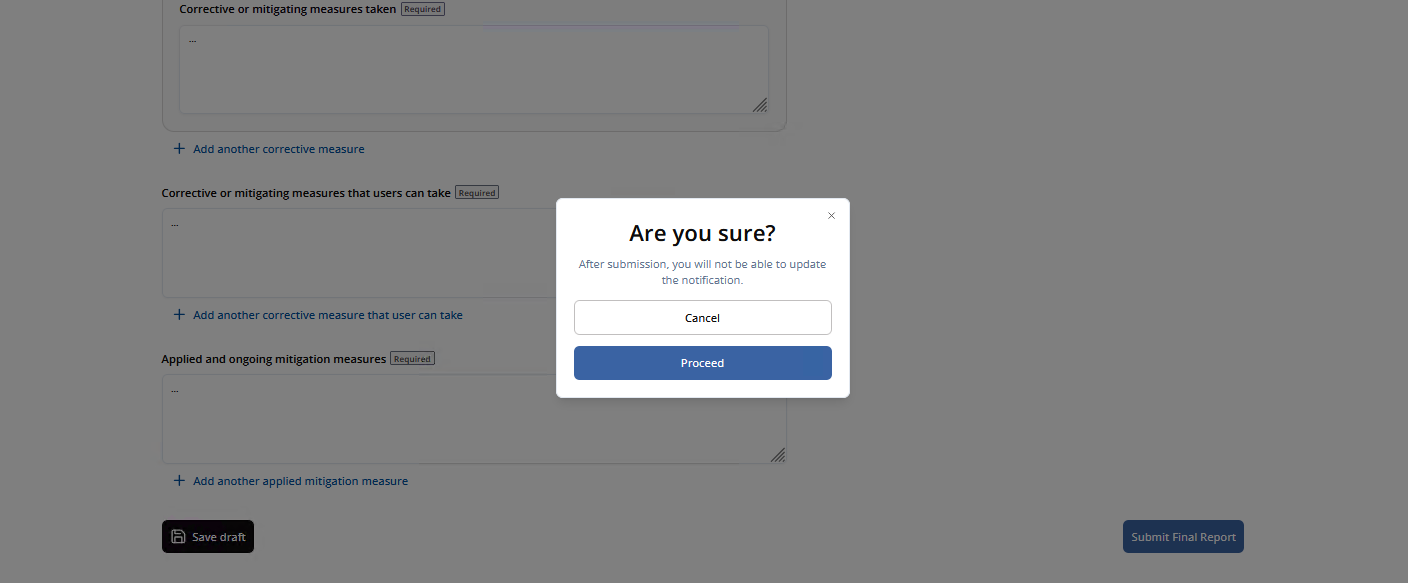 Confirmation dialog on Submit Final Report: Are you sure? After submission, you will not be able to update the notification