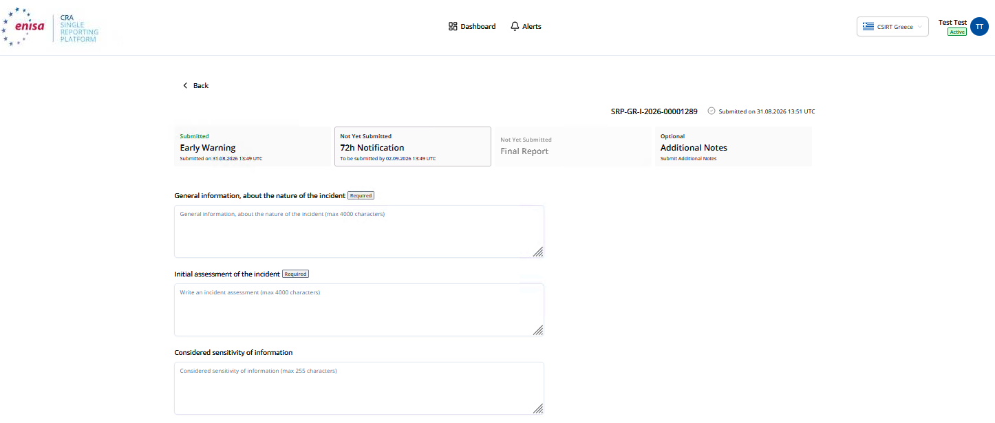 The 72h Notification tab of a severe-incident notification: General information about the nature of the incident and Initial assessment of the incident marked Required, Considered sensitivity of information below