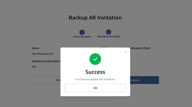 Backup AR Invitation, step 2 of 2, with a Success dialog reading You have accepted the invitation
