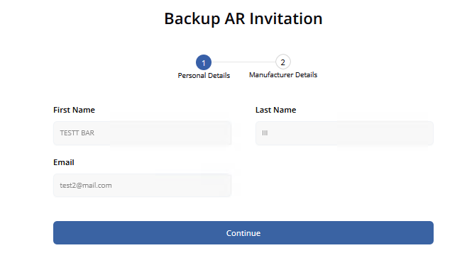 Backup AR Invitation, step 1 of 2, with First Name, Last Name and Email pre-filled