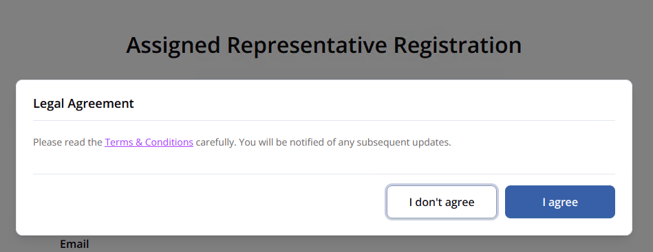 Legal Agreement dialog asking to read the Terms and Conditions, with I don't agree and I agree buttons
