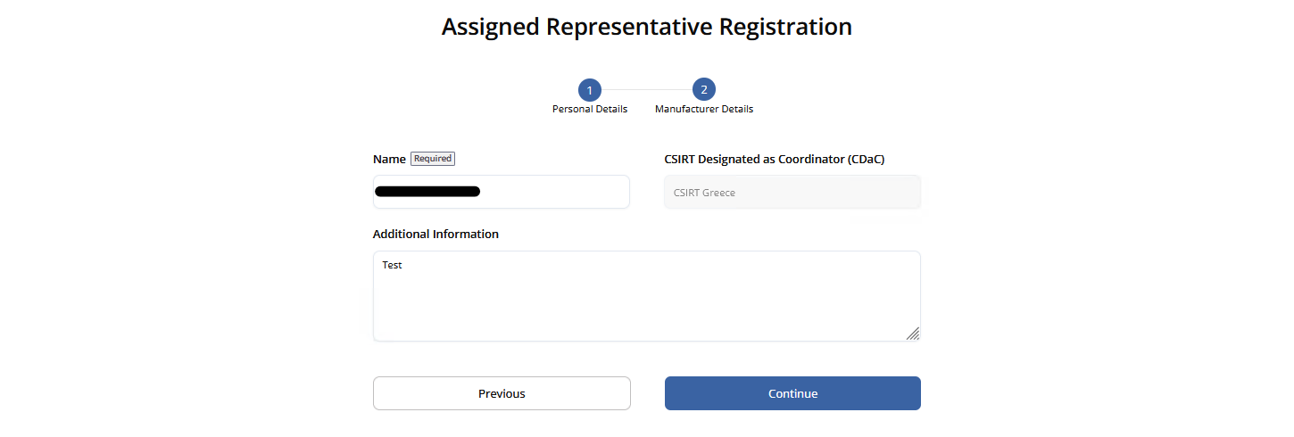 Manufacturer details step: Name required, CDaC read-only, Additional Information without a badge