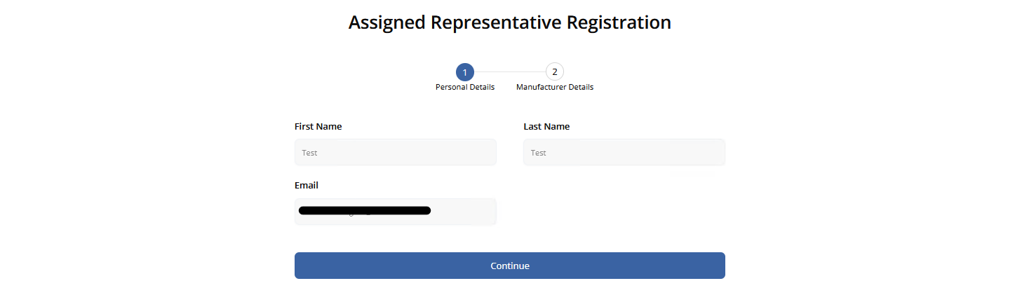 Personal details step with First Name, Last Name and Email, pre-filled from EU Login
