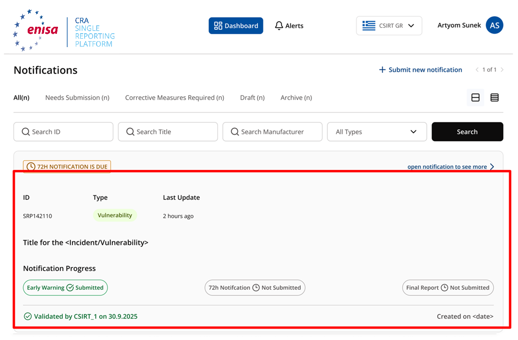 Dashboard listing an existing notification to open
