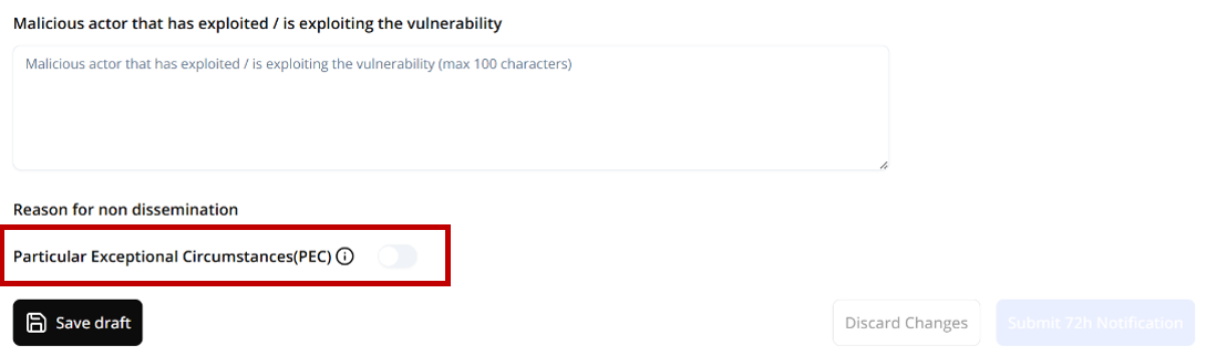The 72-hour form scrolled to Reason for non dissemination with the PEC toggle switched off