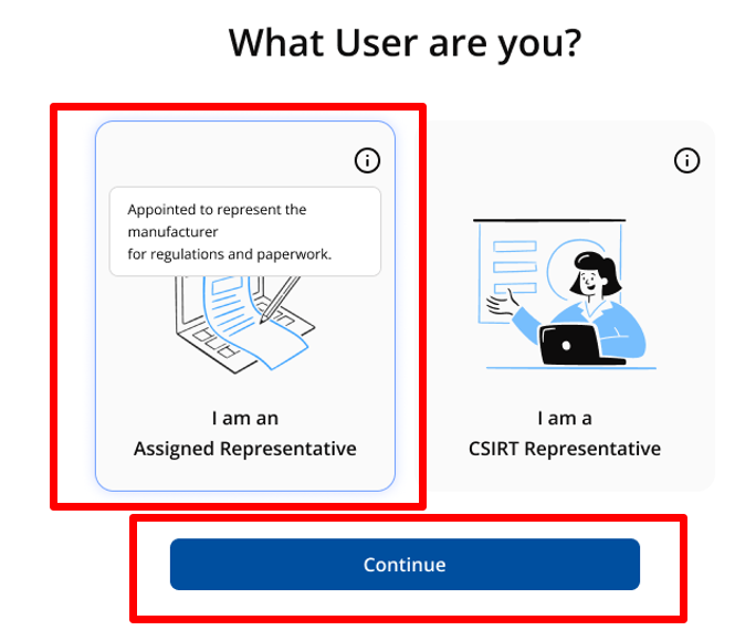SRP landing screen with the role choice, Assigned Representative among the options